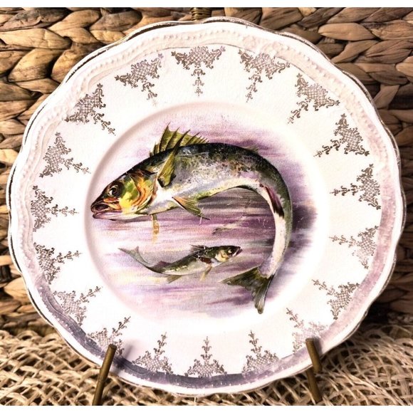 Antique Sterling China Fish Plates, Cabinet Plates, Wall Decor, SET/3 - Picture 9 of 12